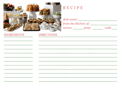Blank recipe card with a photo of a buffet setup at the top