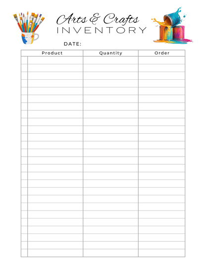 Inventory Sheet for Arts & Crafts Supplies