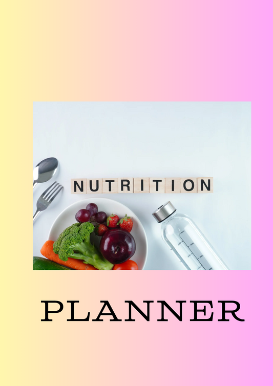 Nutrition planner cover with food items and text on a gradient background