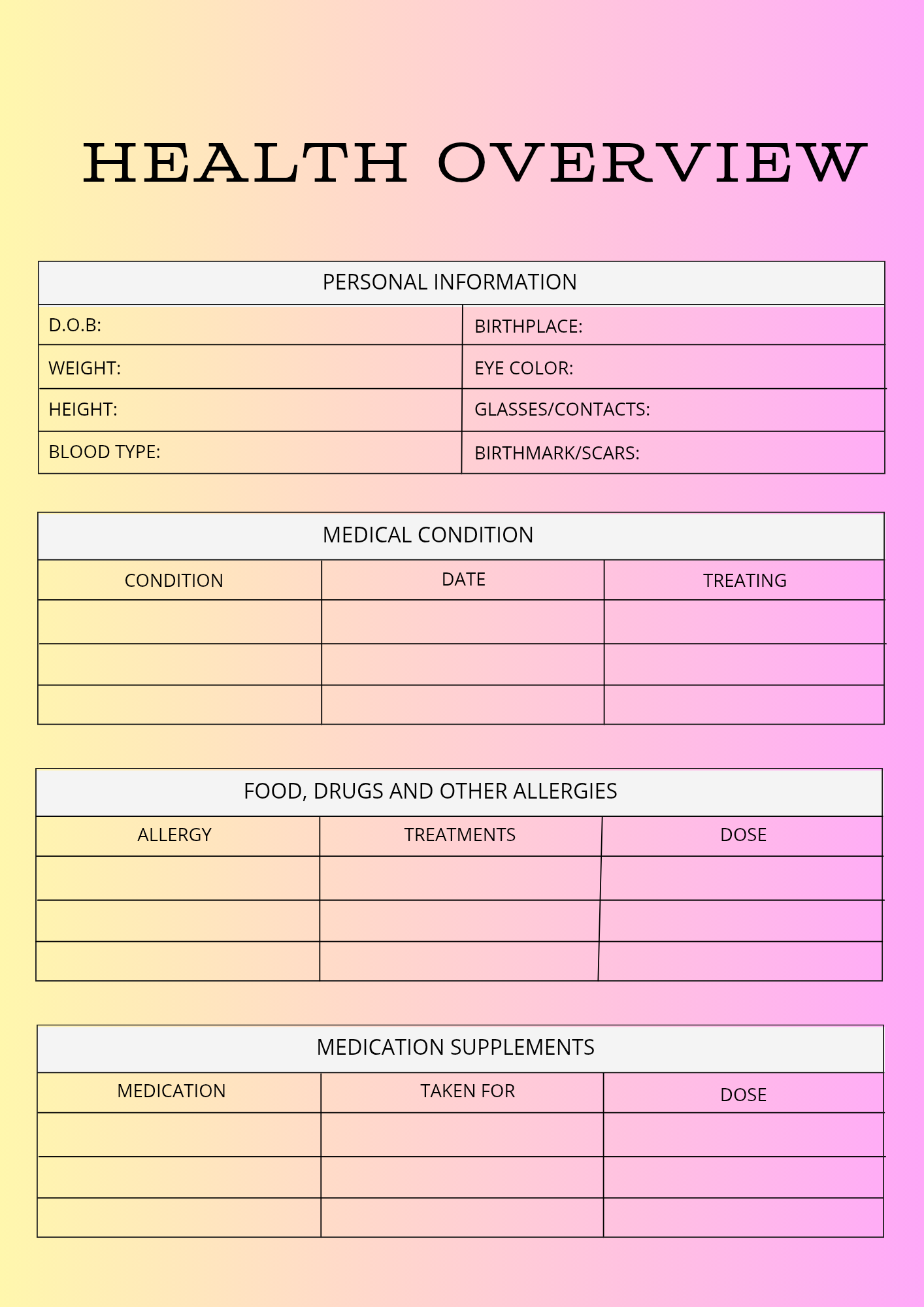 Health overview form with a colorful gradient background