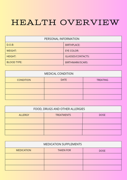Health overview form with a colorful gradient background