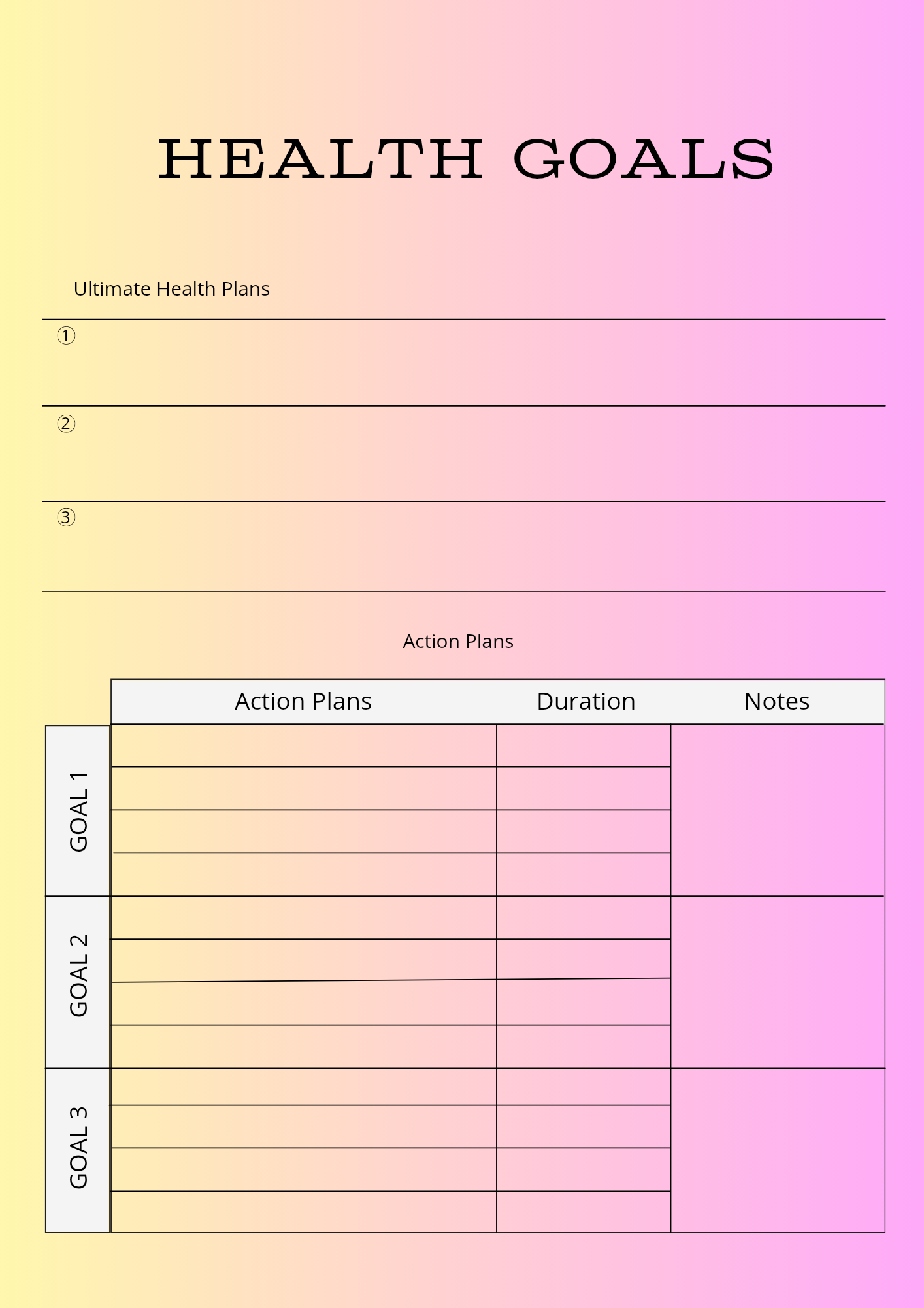 Health goals planner with action plans on a gradient yellow to pink background