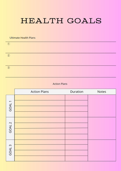 Health goals planner with action plans on a gradient yellow to pink background