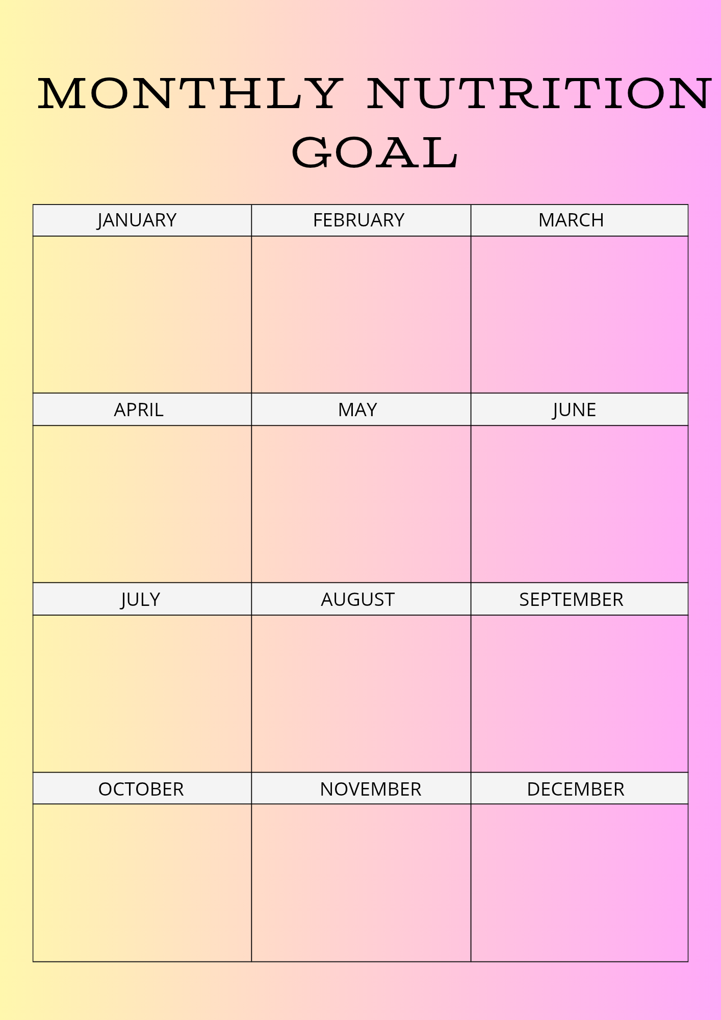 Monthly nutrition goal planner with a colorful gradient background