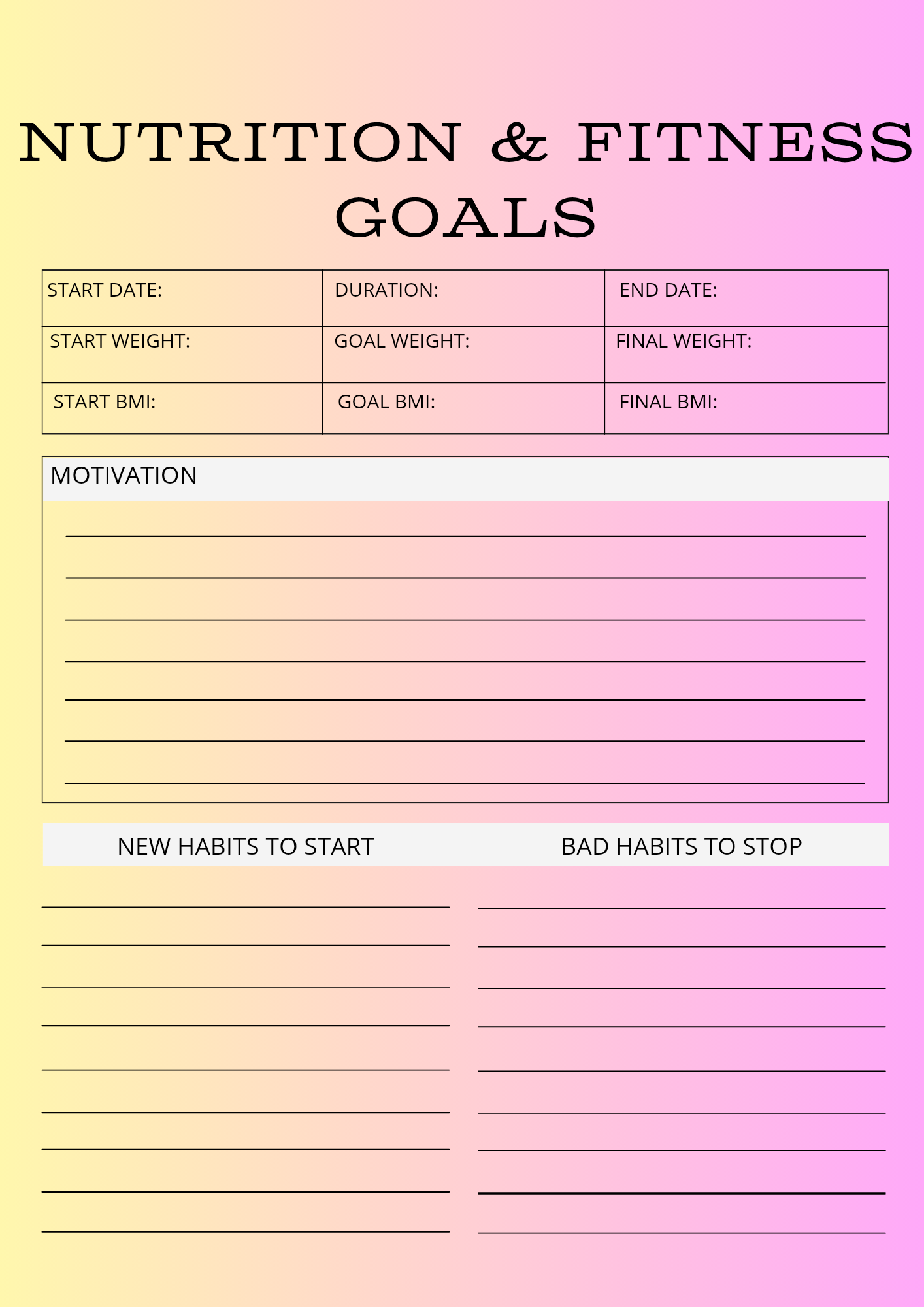 Nutrition and fitness goals tracker with a colorful gradient background