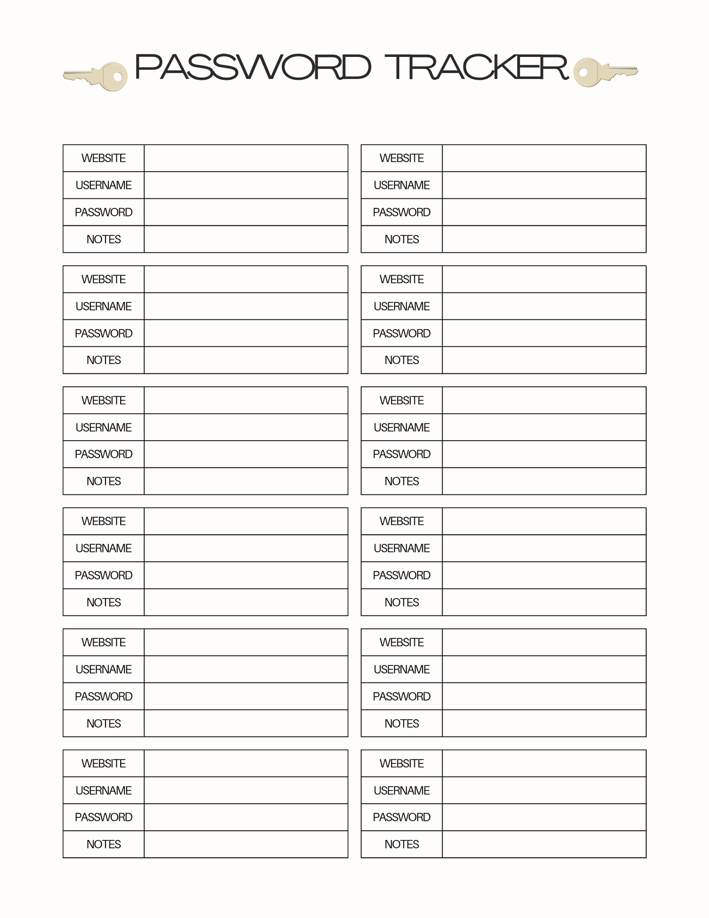 A document for storing your passwords. Two columns, a 6 blocks each, each block has 4 lines.