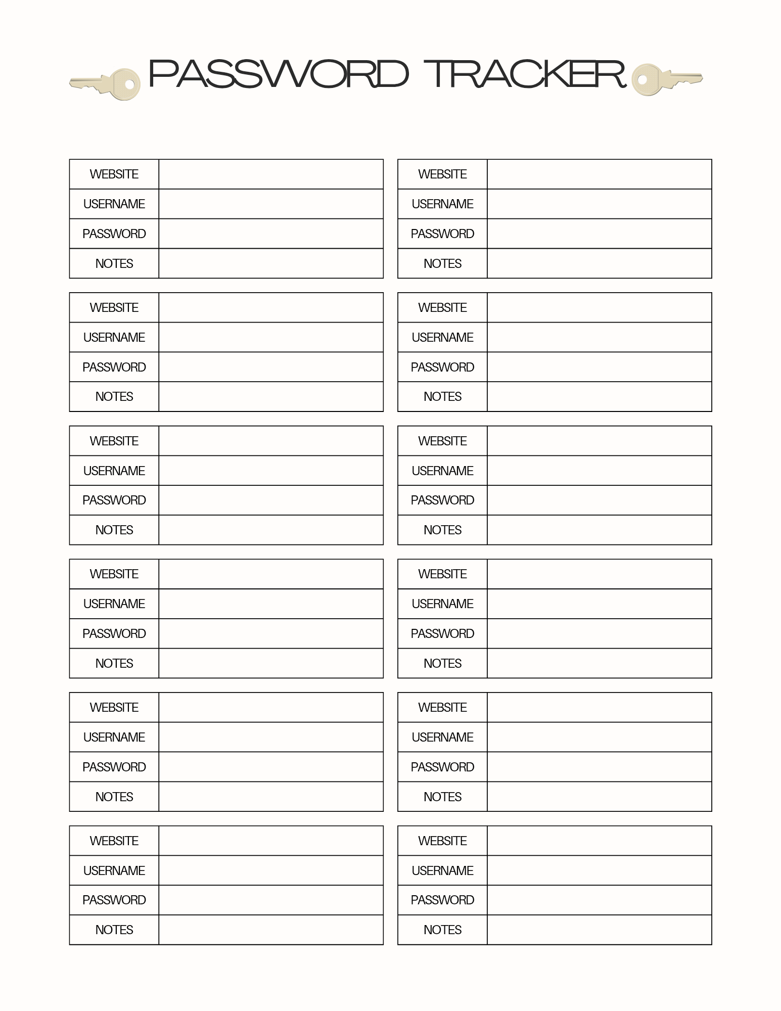 A document for storing your passwords. Two columns, a 6 blocks each, each block has 4 lines.
