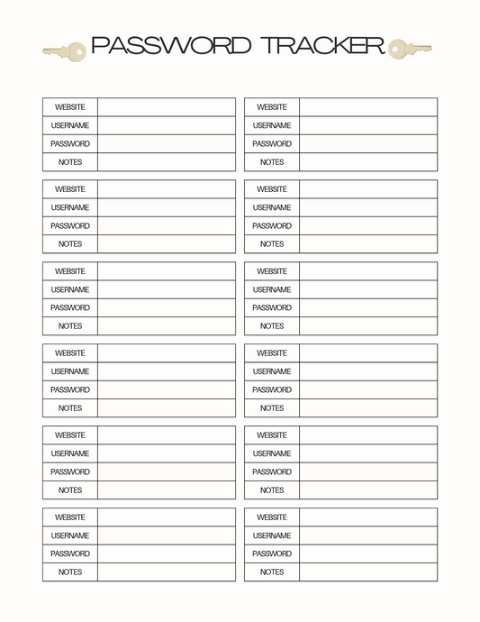 A document for storing your passwords. Two columns, a 6 blocks each, each block has 4 lines.