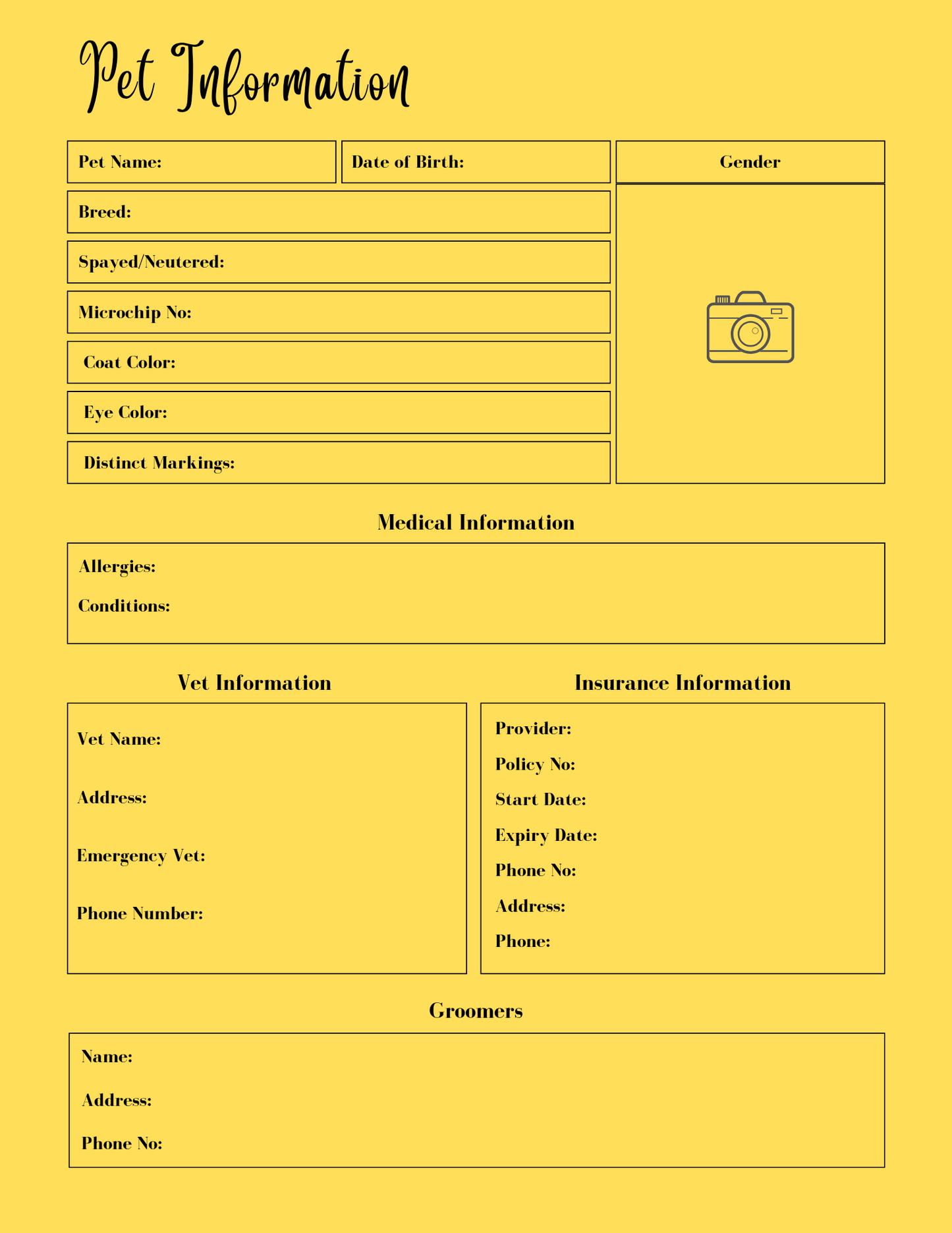 Pet information form on a yellow background
