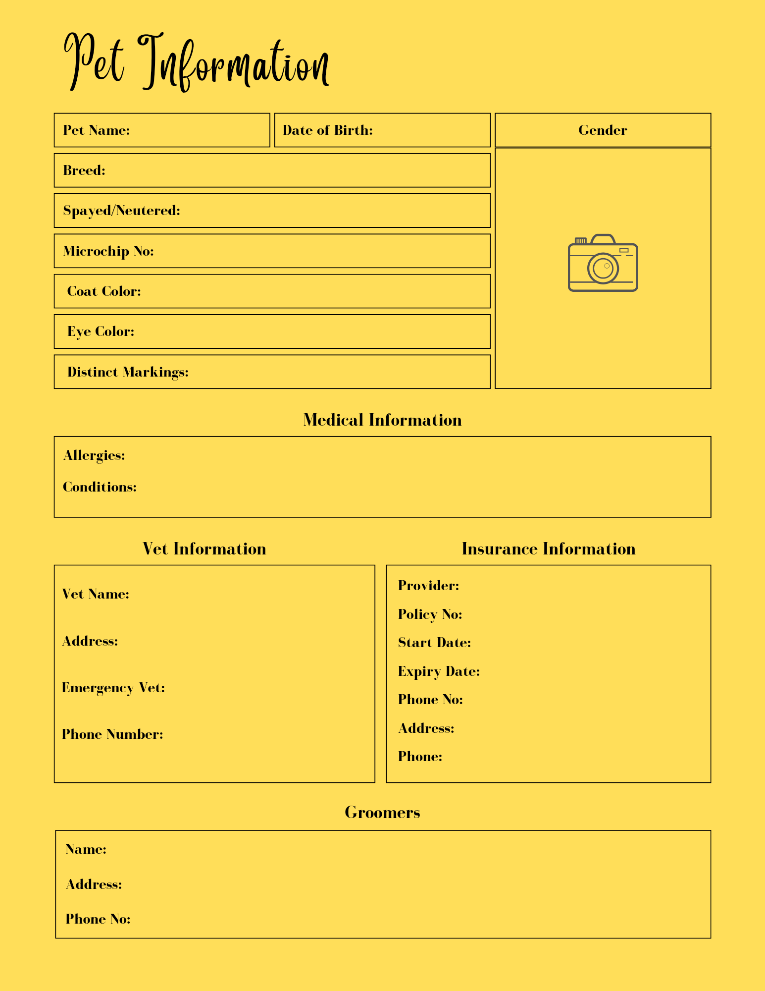 Pet information form on a yellow background