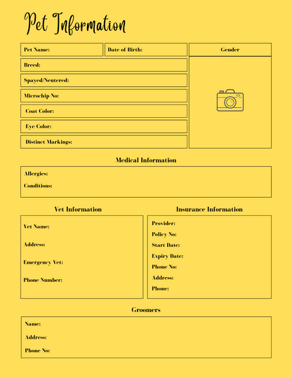 Pet information form on a yellow background