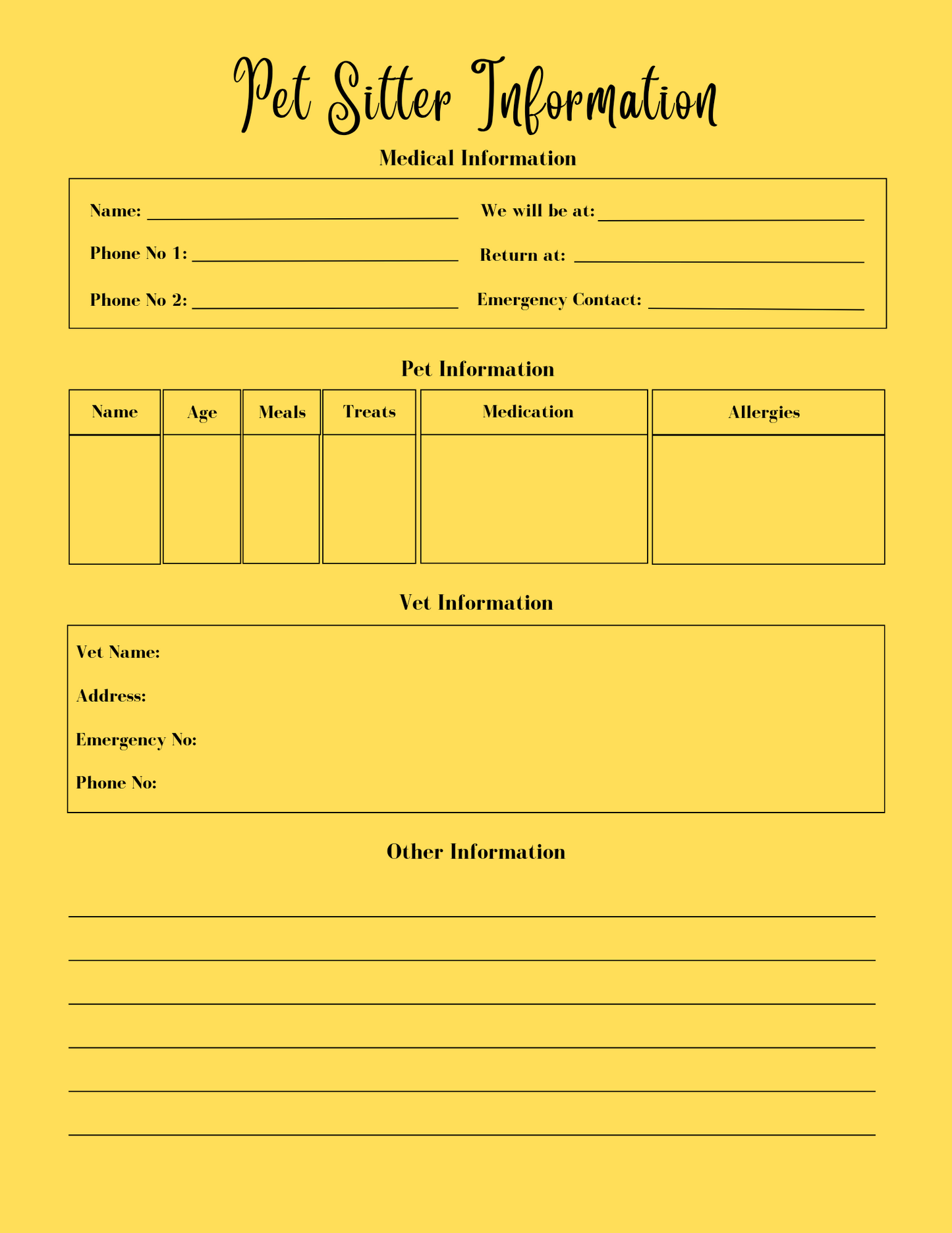 Pet sitter information form on a yellow background
