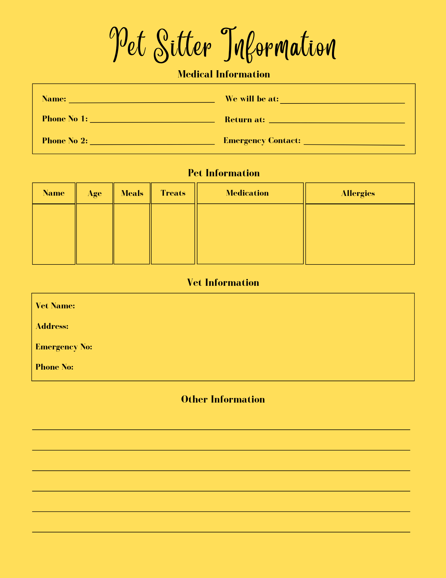Pet sitter information form on a yellow background