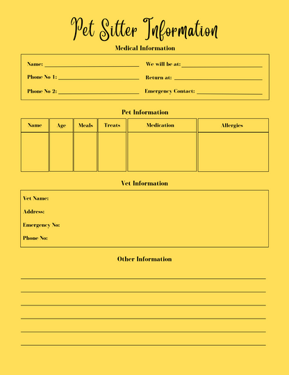 Pet sitter information form on a yellow background