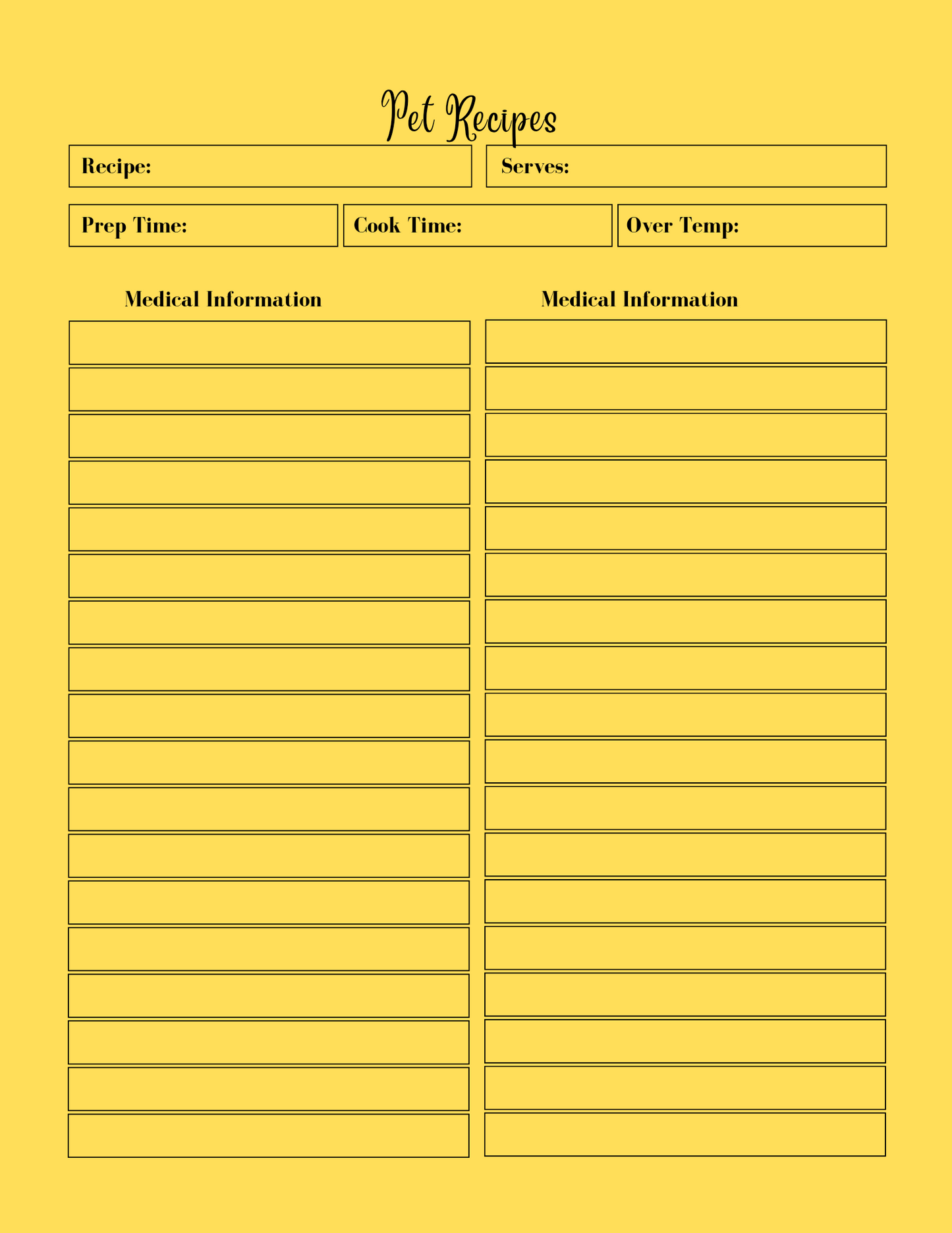 Yellow recipe card with text and lines for medical information on a yellow background