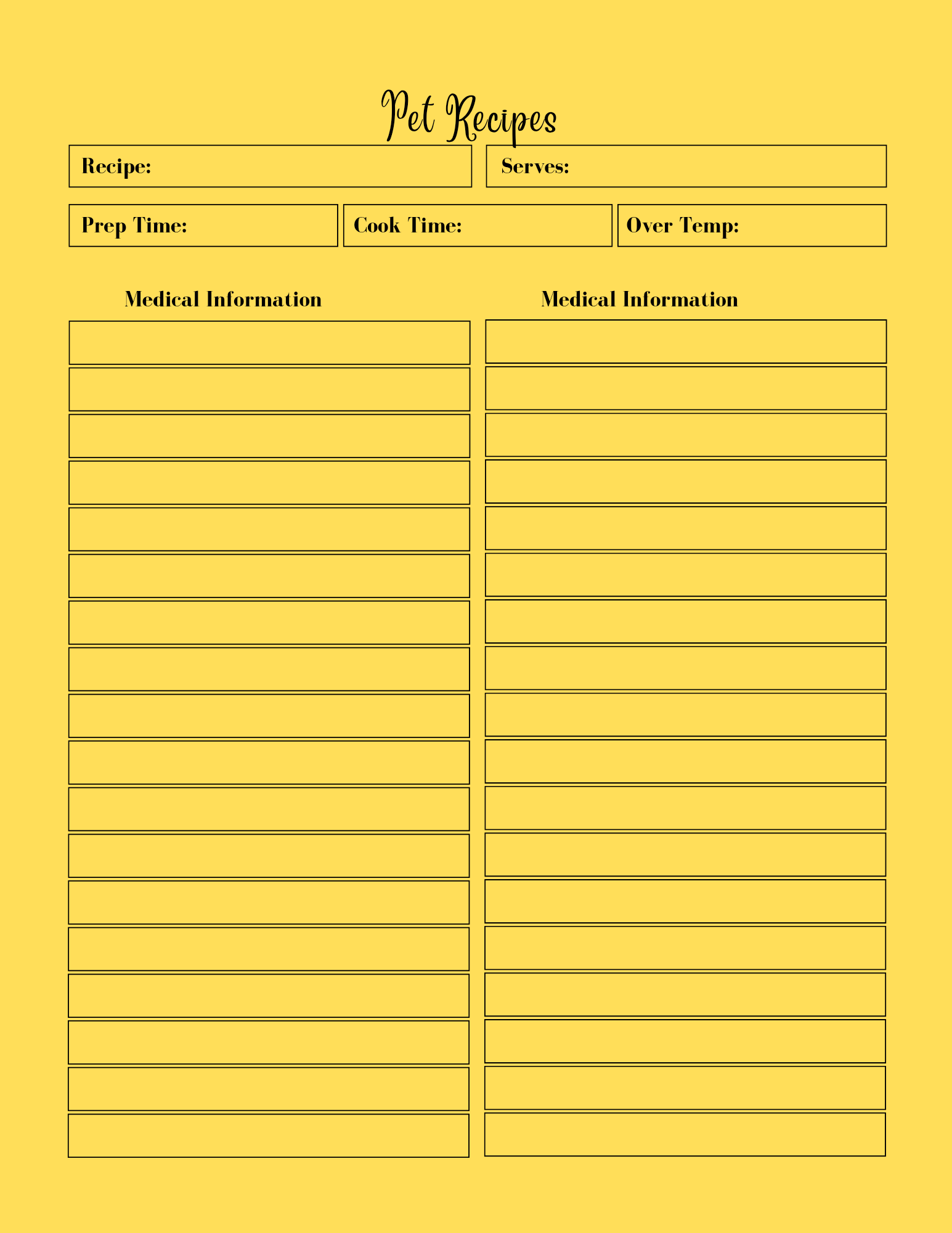 Yellow recipe card with text and lines for medical information on a yellow background