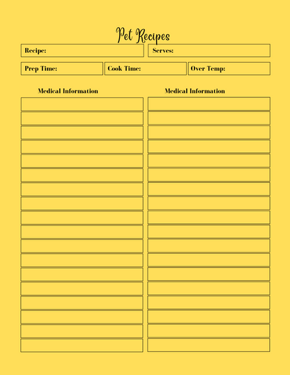 Yellow recipe card with text and lines for medical information on a yellow background