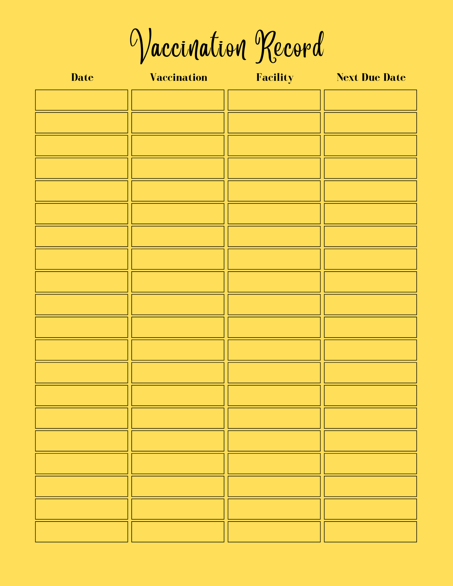 Vaccination record form with columns for date, vaccination, facility, and next due date on a yellow background.