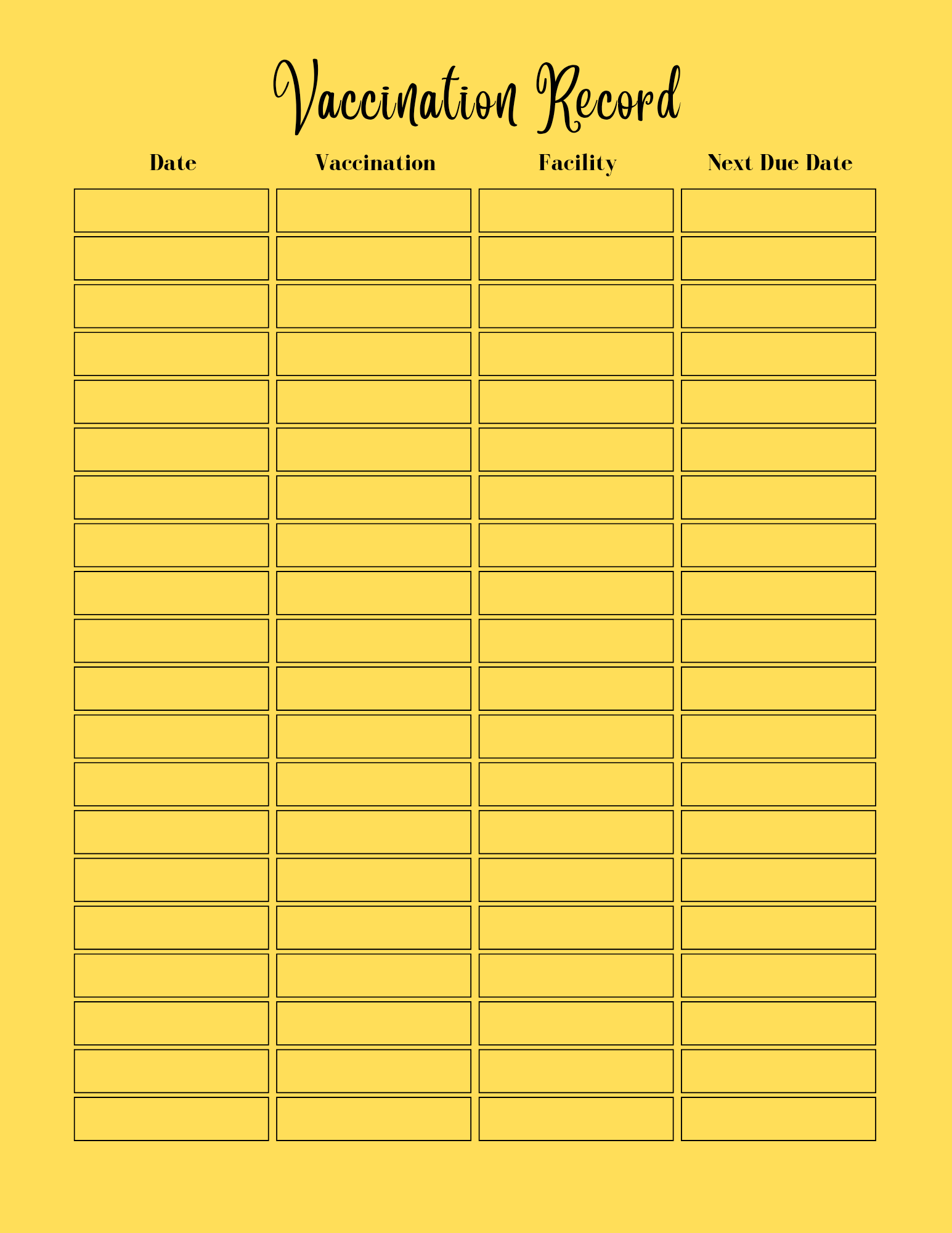 Vaccination record form with columns for date, vaccination, facility, and next due date on a yellow background.