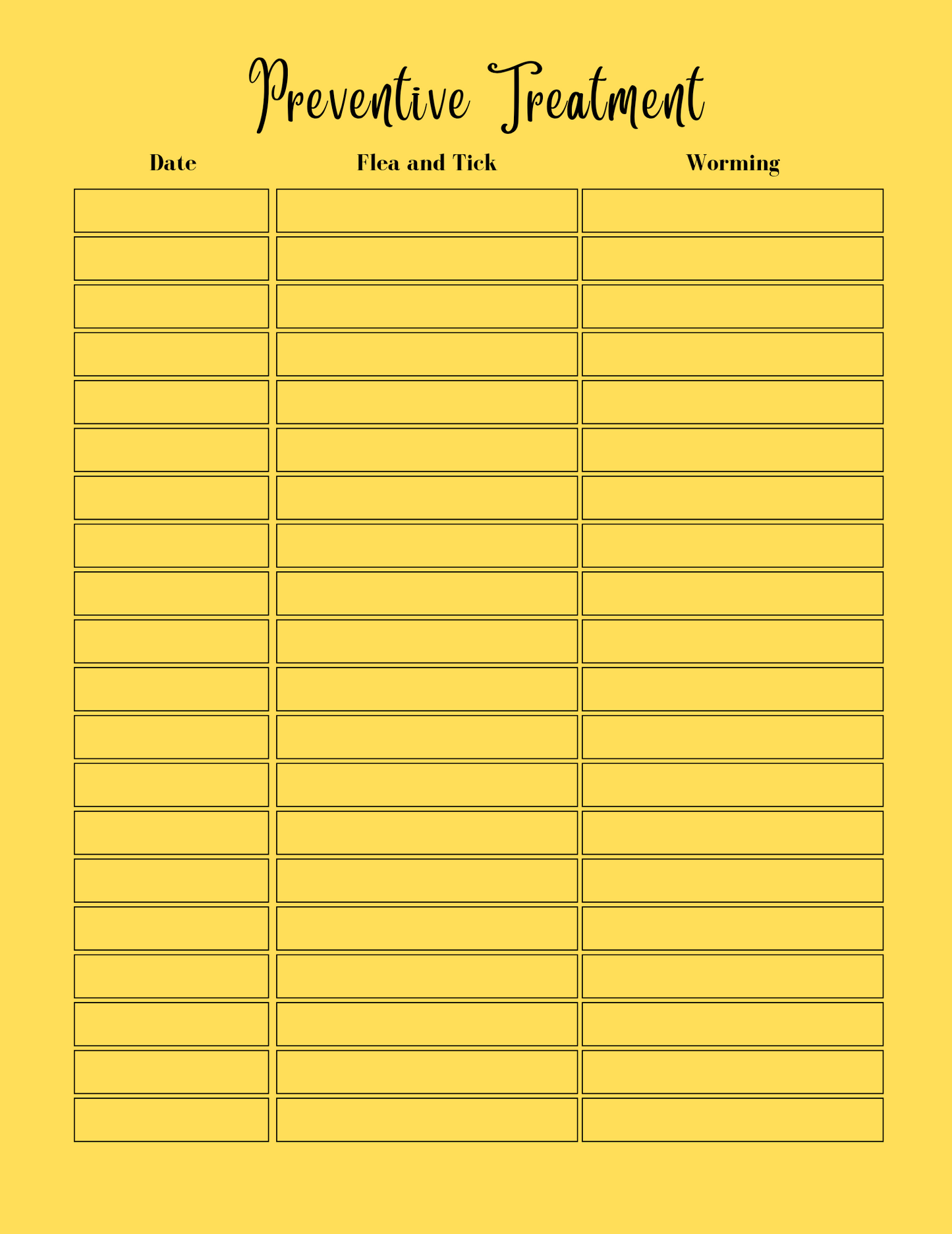 Preventive treatment chart for pets with columns for date, flea and tick, and worming on a yellow background.