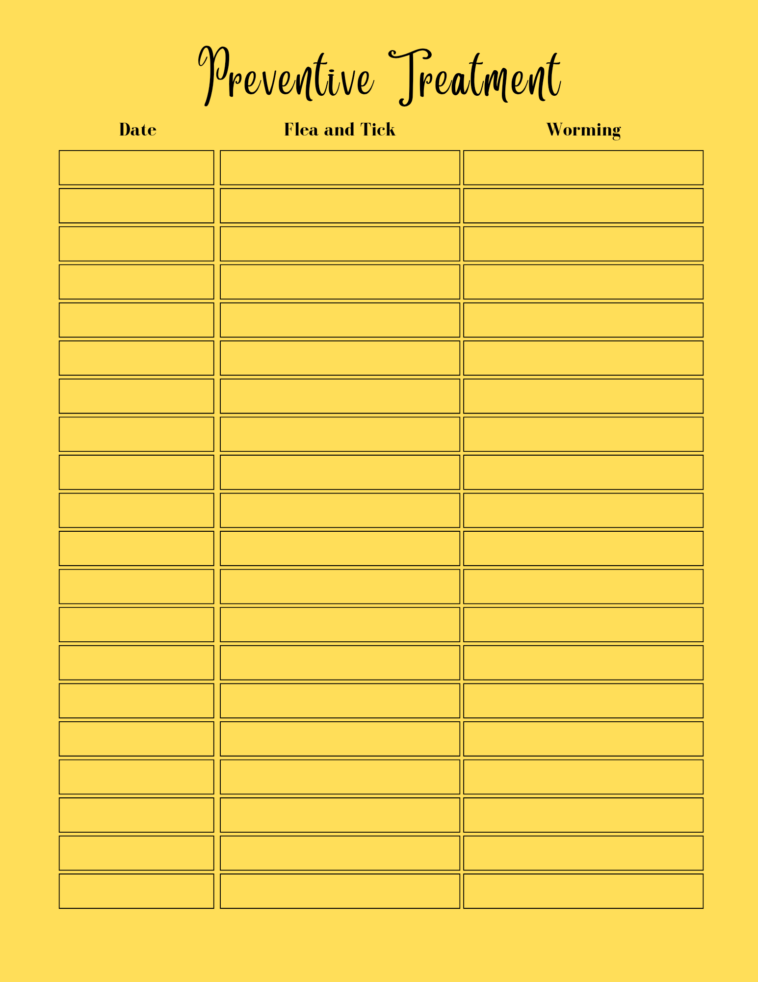 Preventive treatment chart for pets with columns for date, flea and tick, and worming on a yellow background.