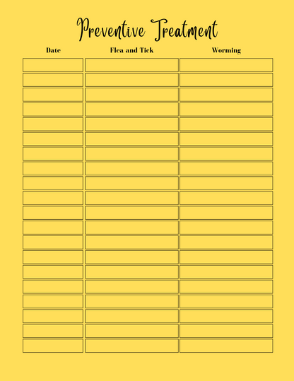 Preventive treatment chart for pets with columns for date, flea and tick, and worming on a yellow background.