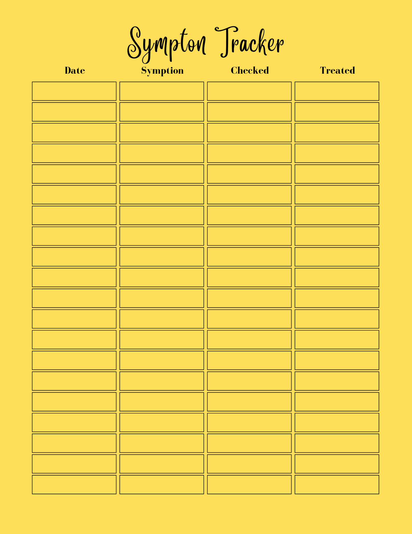 Symptom tracker with columns for date, symptom, checked, and treated on a yellow background
