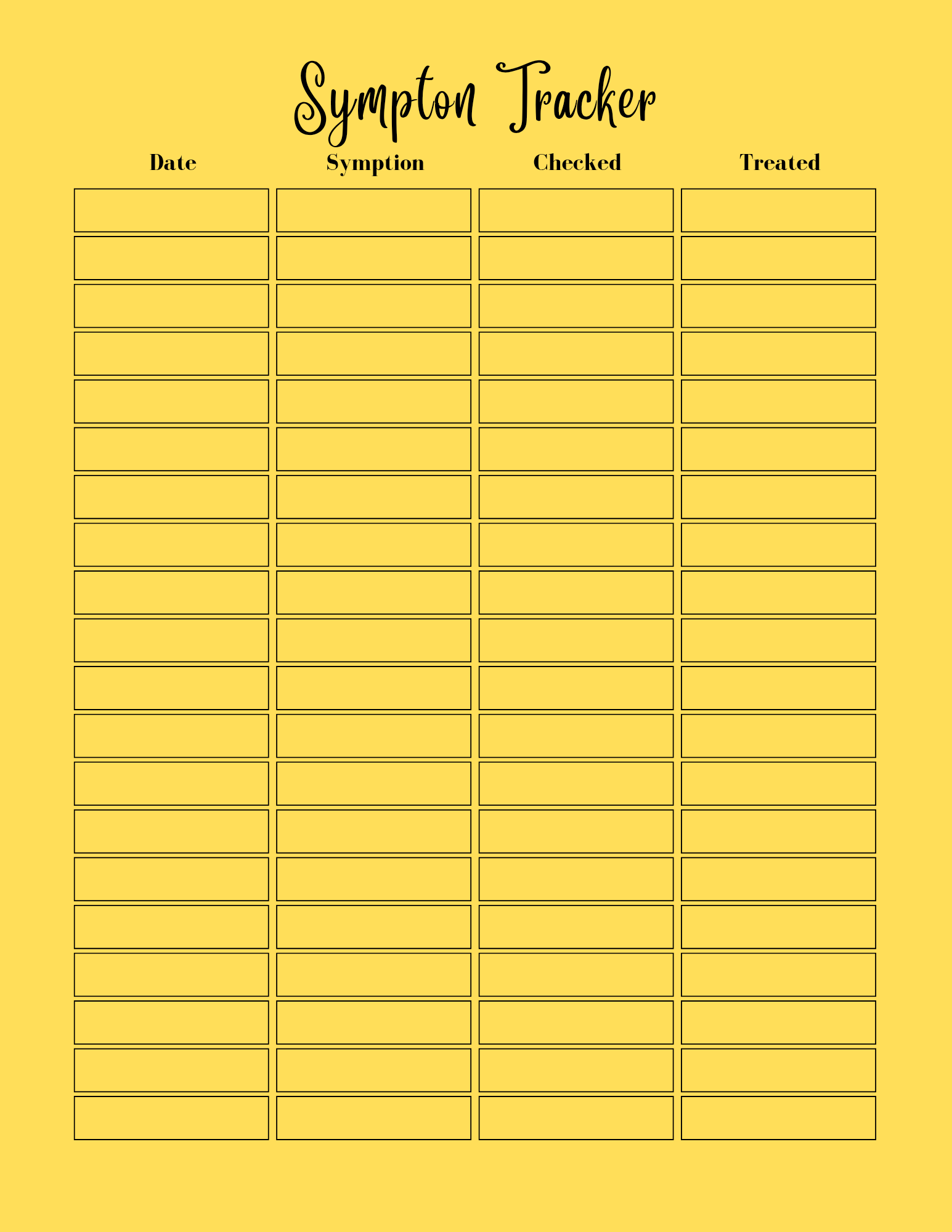 Symptom tracker with columns for date, symptom, checked, and treated on a yellow background