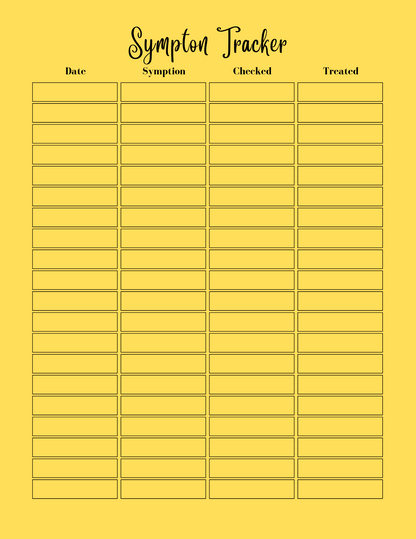 Symptom tracker with columns for date, symptom, checked, and treated on a yellow background