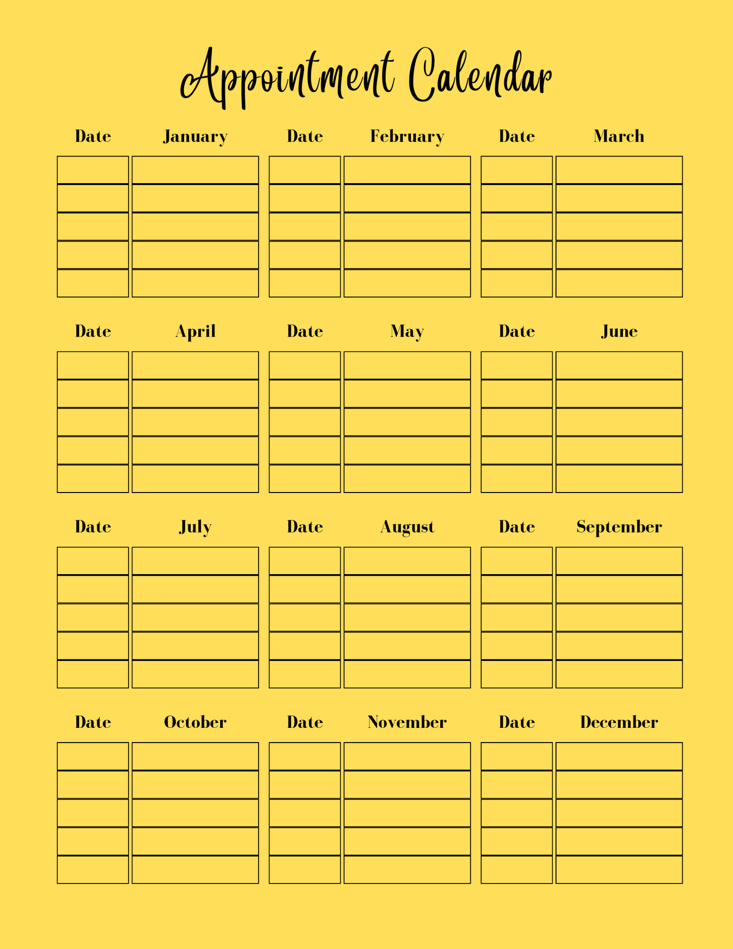 Appointment calendar layout on a yellow background