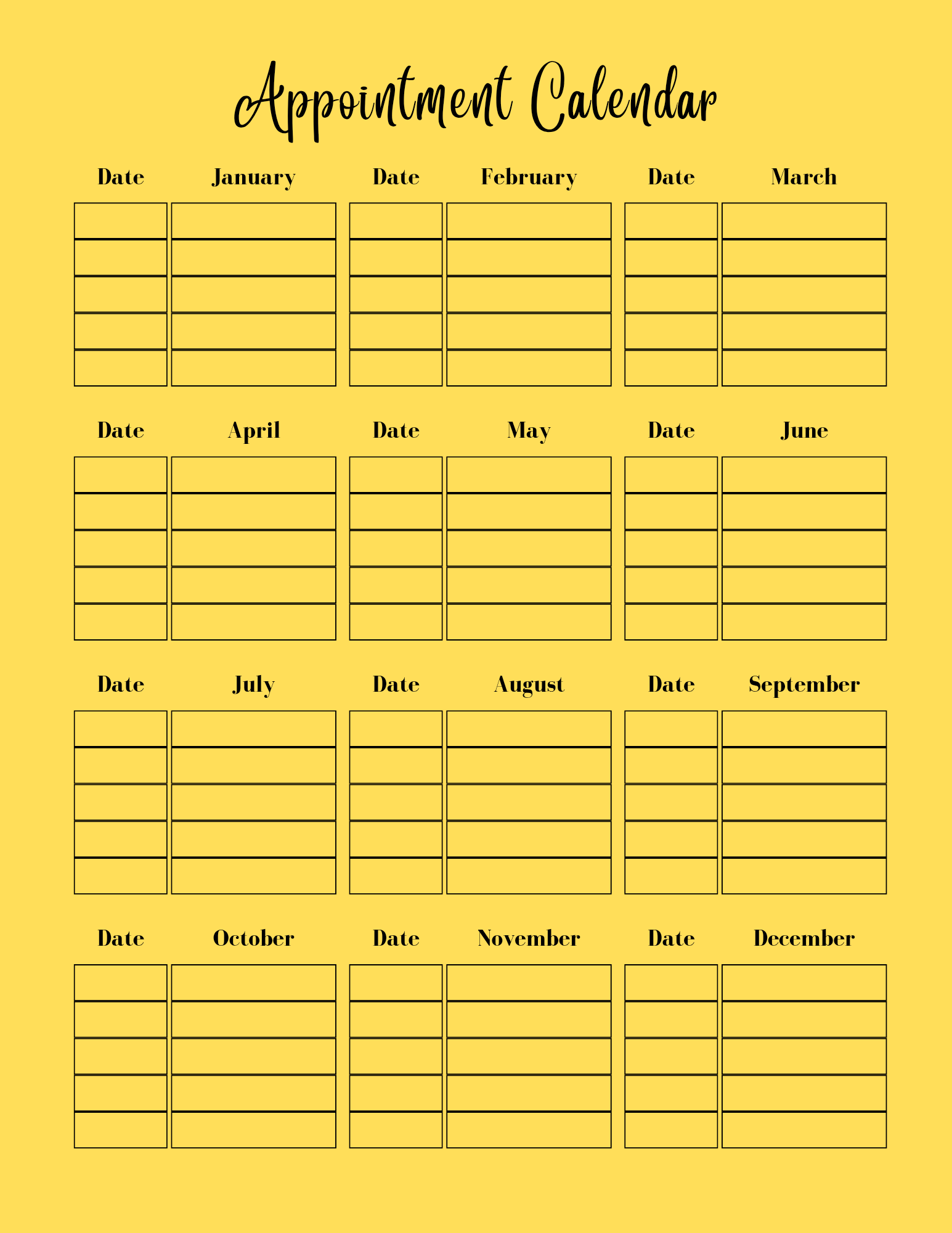 Appointment calendar layout on a yellow background