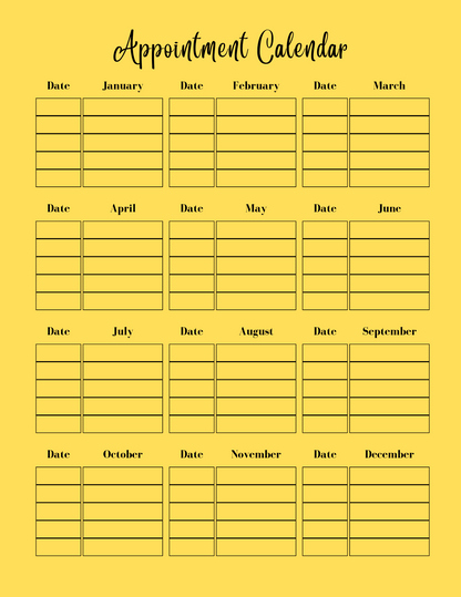 Appointment calendar layout on a yellow background