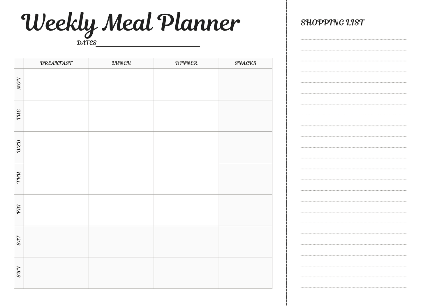 Weekly meal planner with grid for meals and shopping list on a white background