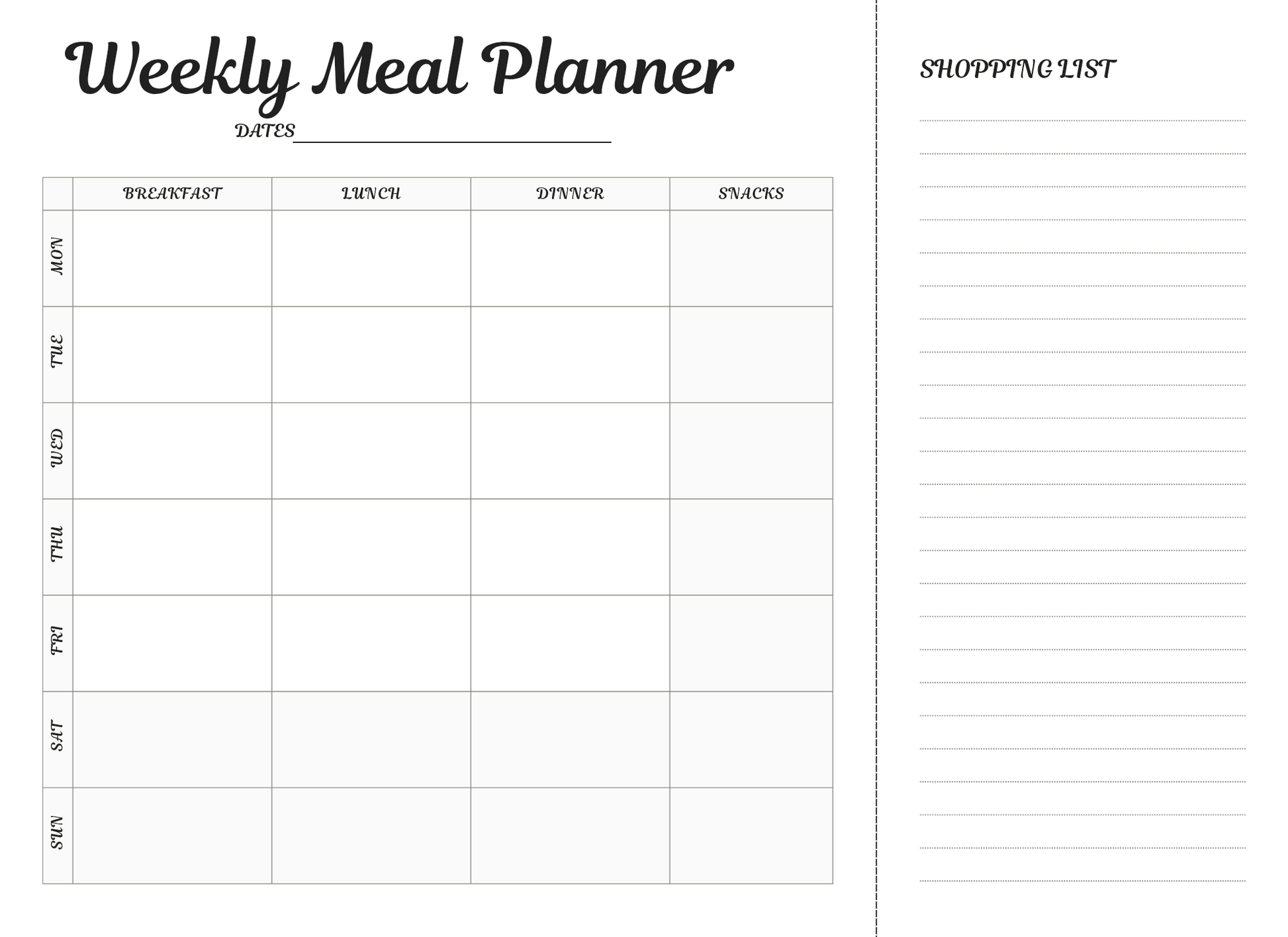 Weekly meal planner with grid for meals and shopping list on a white background