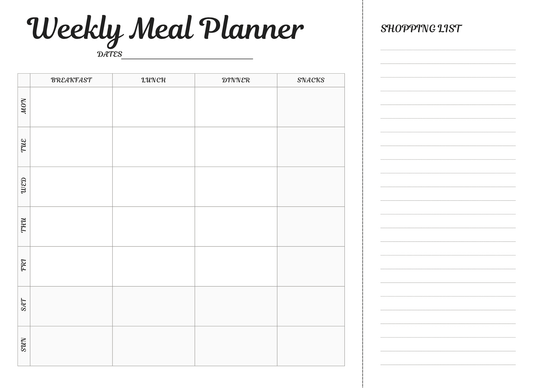 Weekly meal planner with grid for meals and shopping list on a white background
