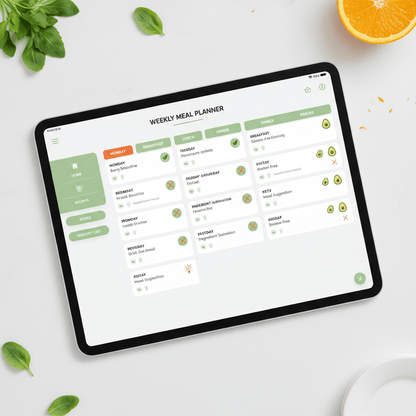 Tablet displaying a weekly meal planner on a white surface with green leaves and an orange.