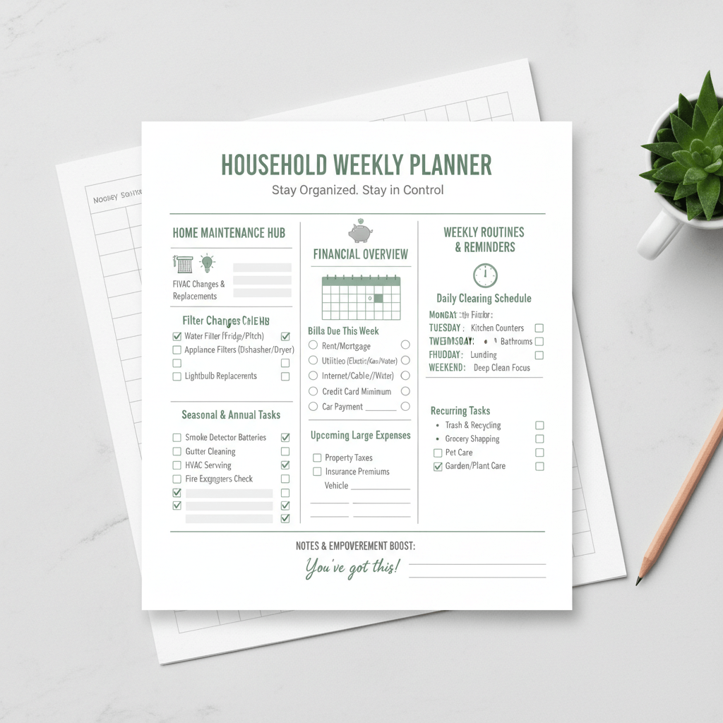 Household weekly planner on a white surface with a plant and pencil