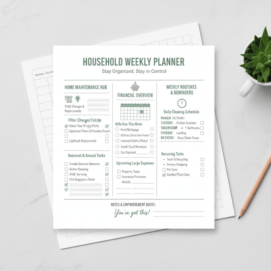 Household weekly planner on a white surface with a plant and pencil