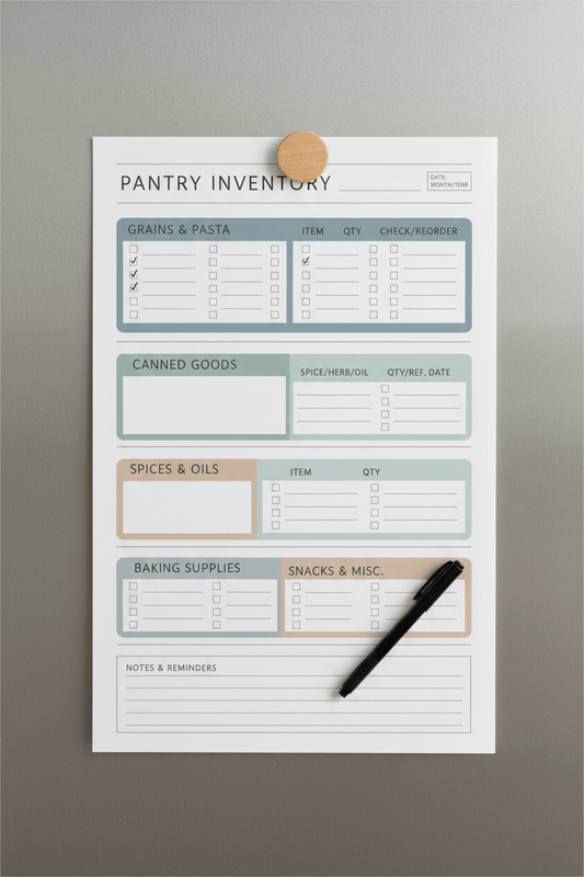 Pantry inventory sheet with a pen on a gray background