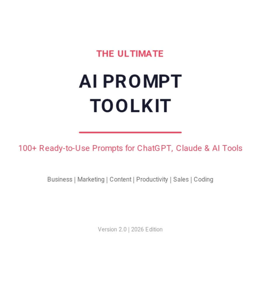 Cover of 'The Ultimate AI Prompt Toolkit' with text on a white background