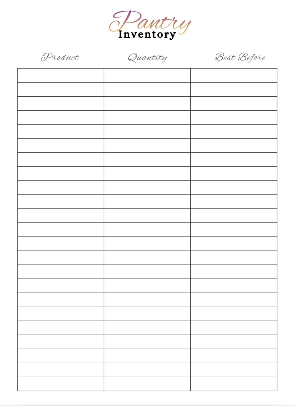 Pantry inventory sheet with columns for product, quantity, and best before date.