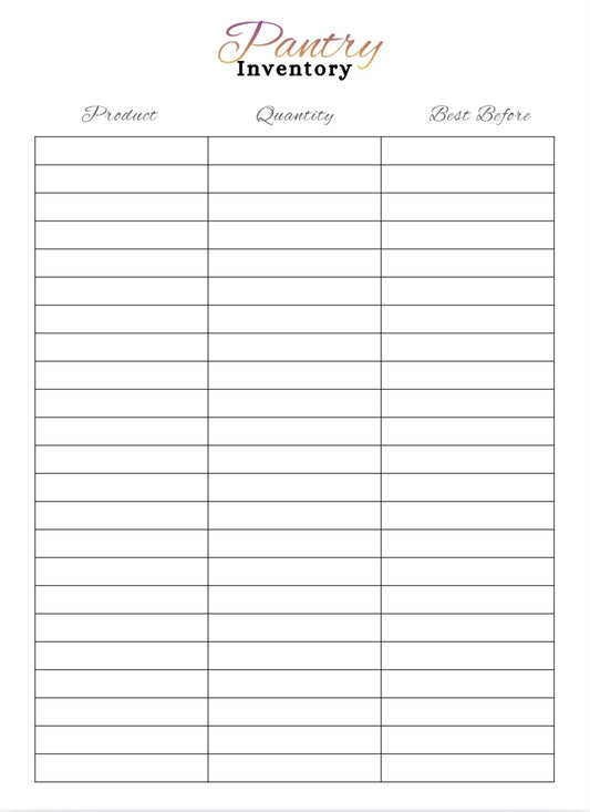 Pantry inventory sheet with columns for product, quantity, and best before date.