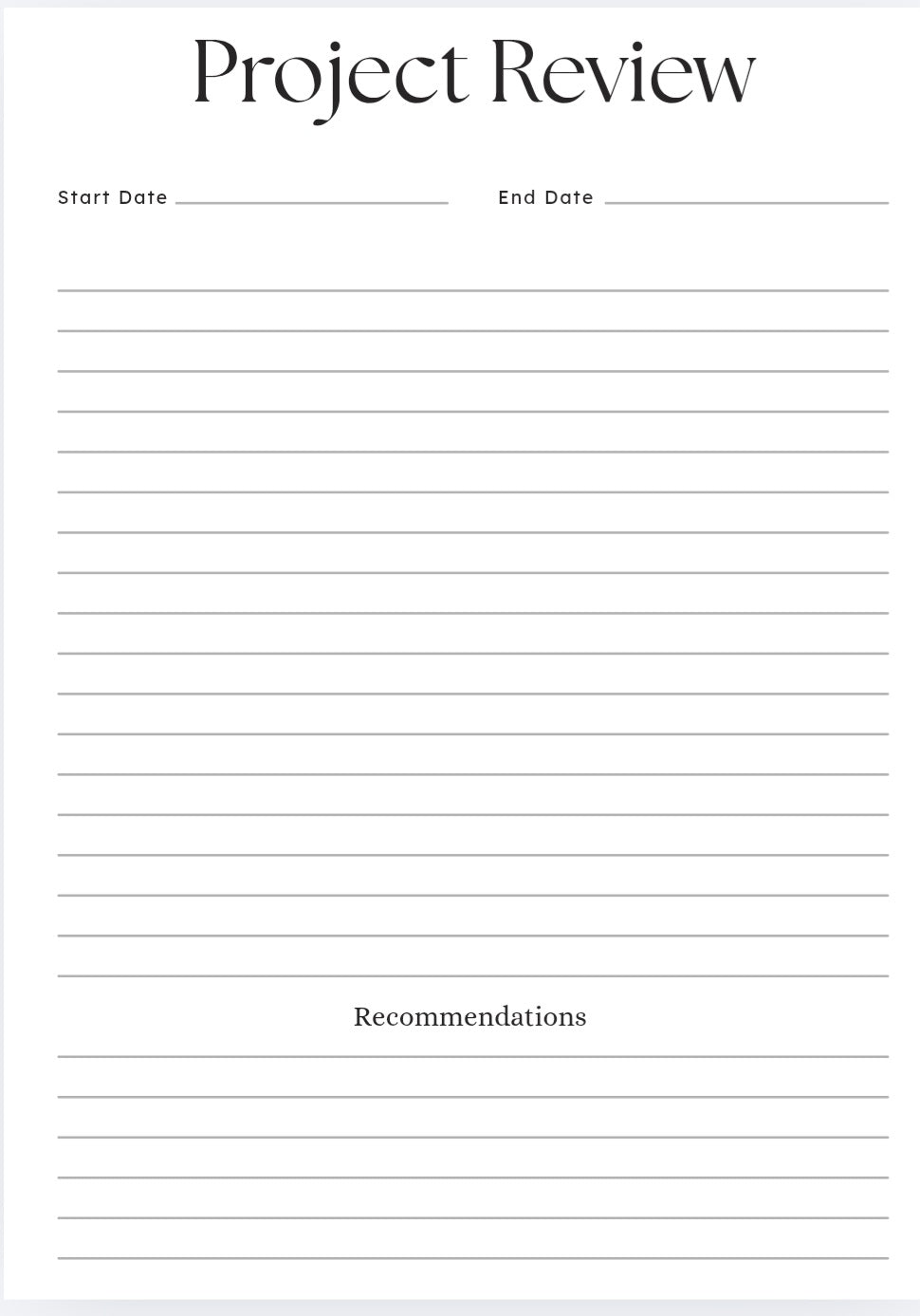 Blank project review form with lines for dates and recommendations