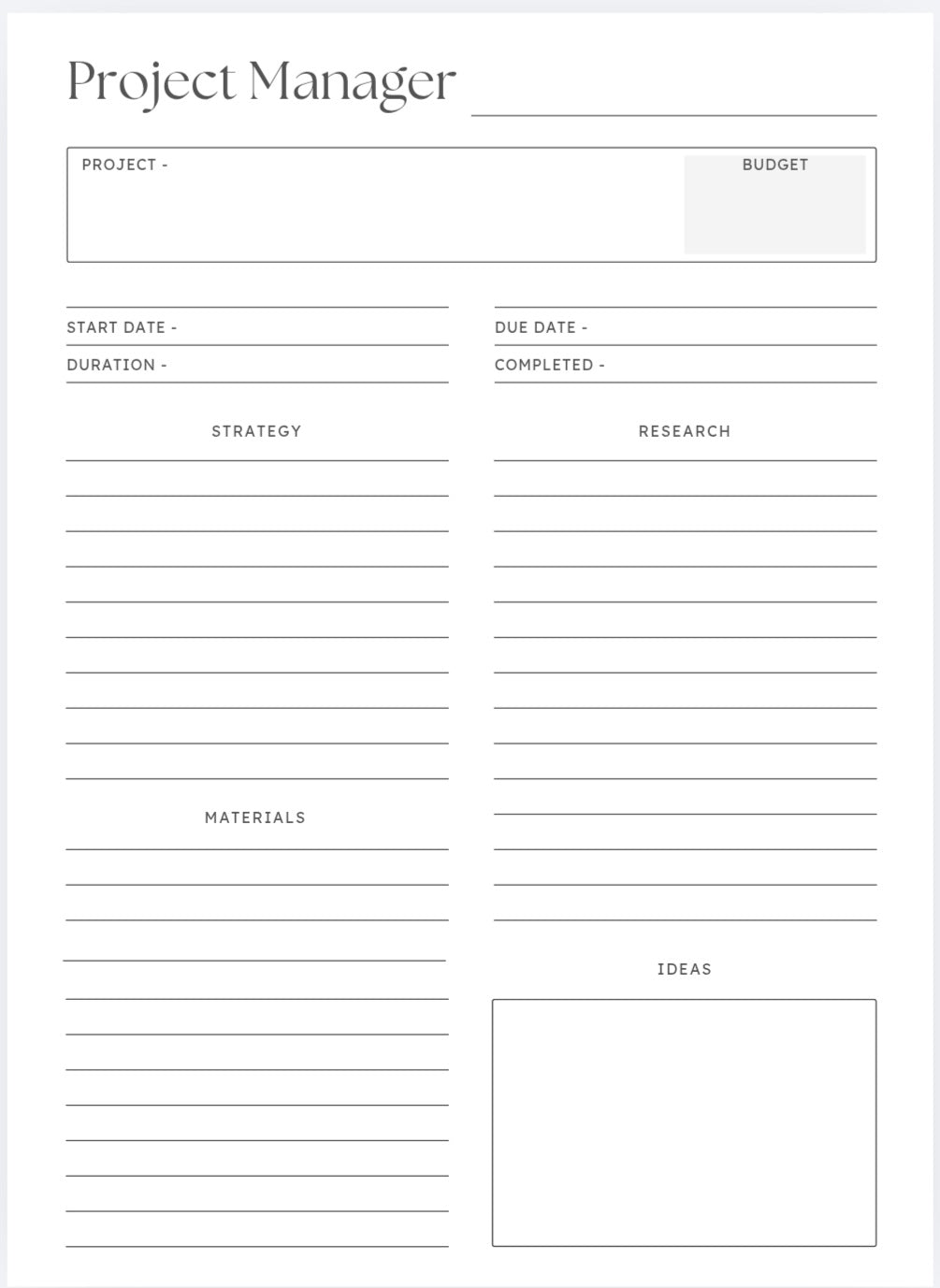 Project Manager planning sheet with various sections for project details.