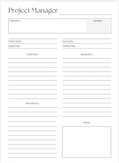 Project Manager planning sheet with various sections for project details.